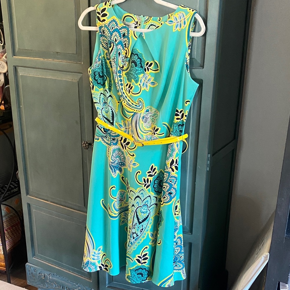 dressbarn Vibrant Teal and Yellow Paisley Midi Dress - Picture 1 of 8